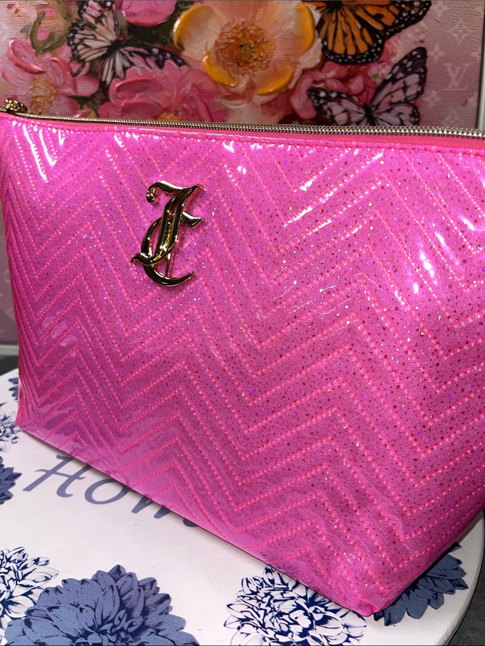 Juicy- Pink Glitter Chevron Cosmetic Pouch with Gold Monogram large 10x8